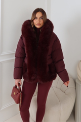 PALMA BURGUNDY FAUX FUR HOOD & ZIP SHORT COAT