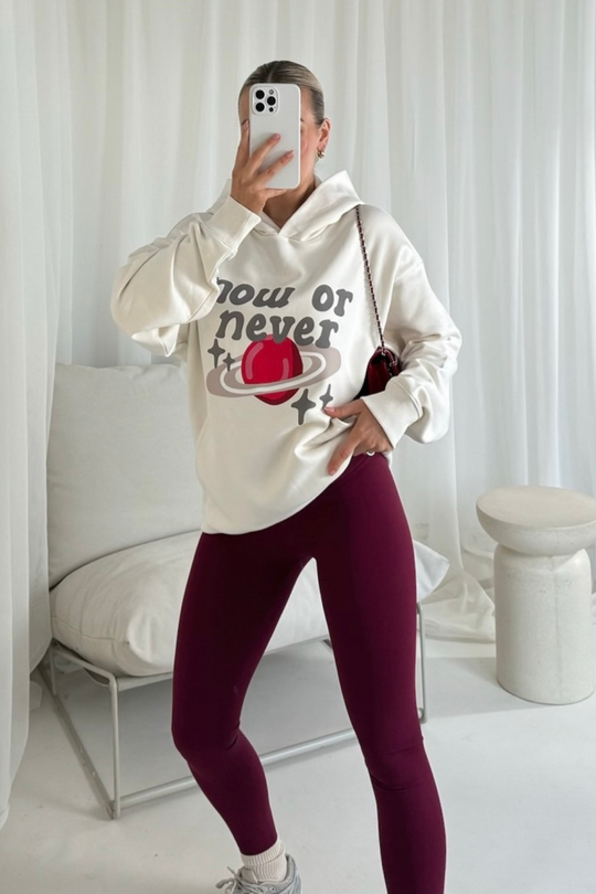 Now or never ecru printed premium relaxed hoodie
