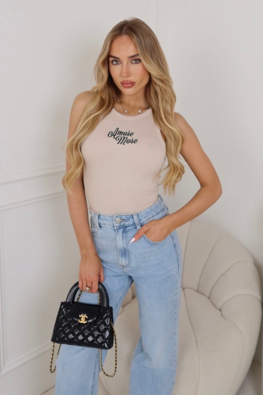 Amore beige Embroidered Ribbed Vest