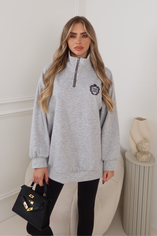 AYLA GEGE EMBLEM EMBROIDERED GREY 3/4 ZIP JUMPER