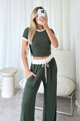 Jayden khaki contrast waistband pants and crop top co-ord