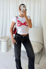 Lace bra red print white baby tee