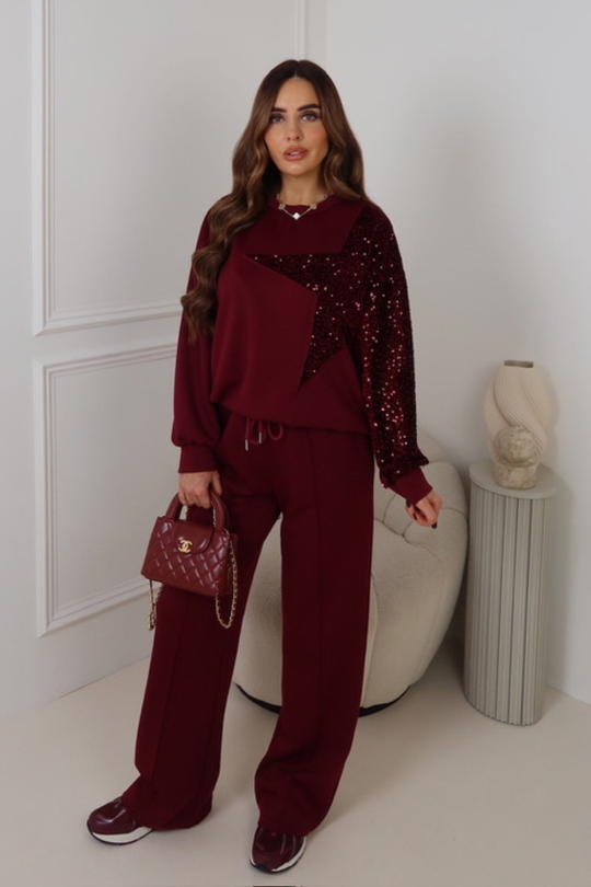 SASKIA BURGUNDY SEQUIN STAR SWEATSHIRT & TROUSER SET