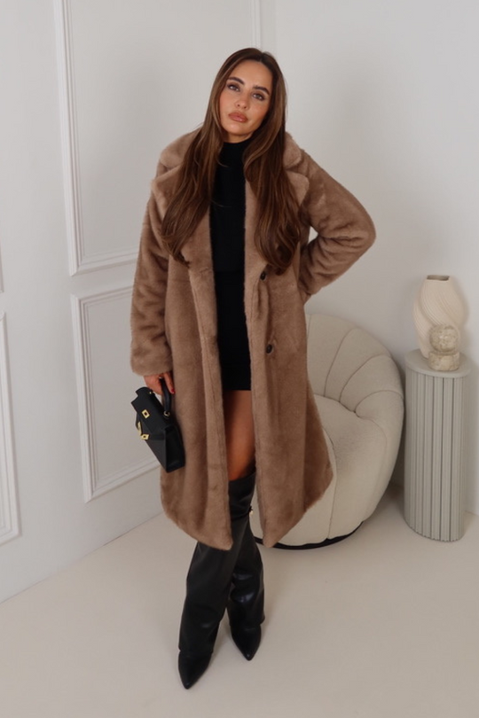 NATALIA CHESTNUT FAUX FUR LONG COAT
