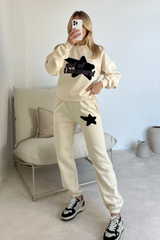 Out of this world ecru embroidered applique sweater joggers premium loungewear