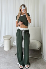 Jayden khaki contrast waistband pants and crop top co-ord