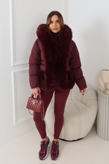 PALMA BURGUNDY FAUX FUR HOOD & ZIP SHORT COAT