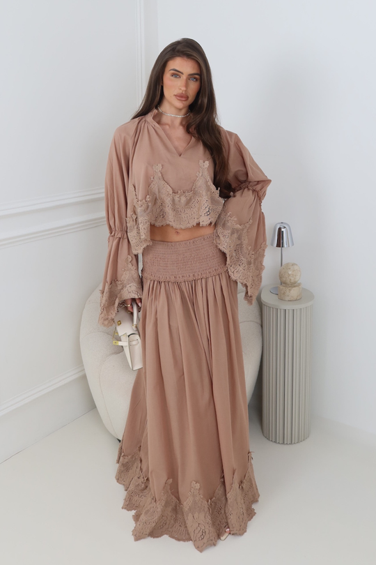 CLARA MOCHA LACE TOP AND MAXI SKIRT CO ORD TWO PIECE SET
