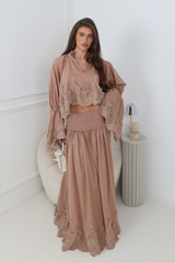 CLARA MOCHA LACE TOP AND MAXI SKIRT CO ORD TWO PIECE SET