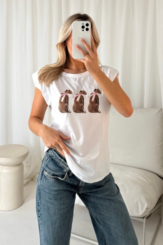Leopard white printed shoulder pad t-shirt