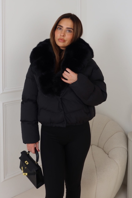 SINSENELY BLACK FAUX FUR COLLARED COAT