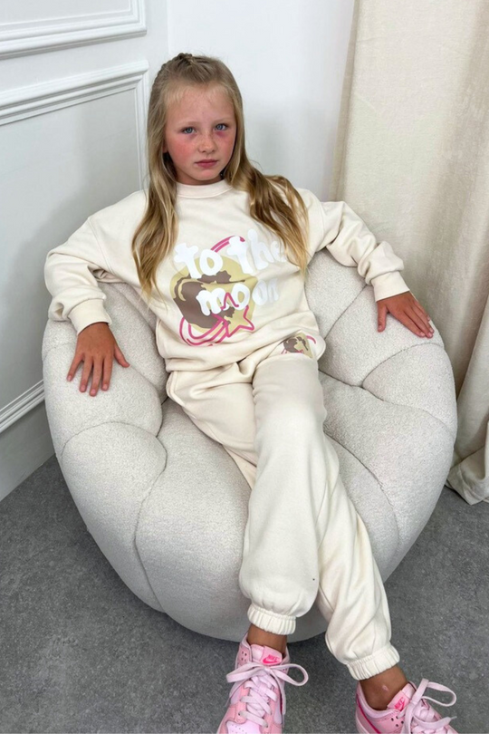 Mini ecru light to the moon printed sweater jogger loungewear