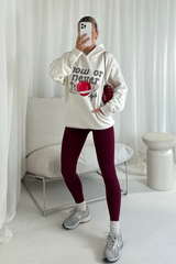 Now or never ecru printed premium relaxed hoodie