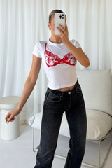 Lace bra red print white baby tee
