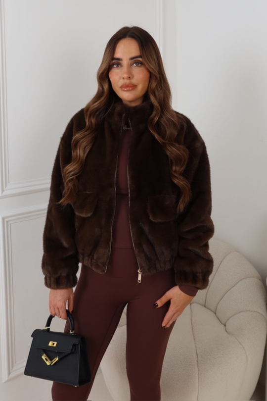 GINNI CHOCOLATE FAUX FUR HIGH NECK JACKET