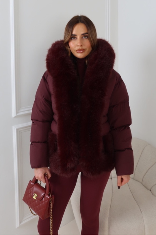 PALMA BURGUNDY FAUX FUR HOOD & ZIP SHORT COAT