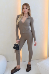 Cora khaki ribbed zip neck loungewear