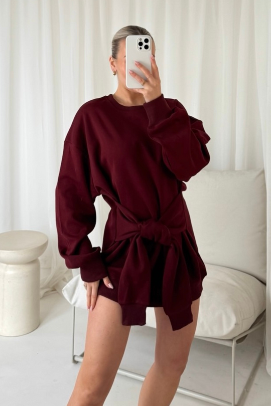 Daisy burgundy tie waist sweater dress