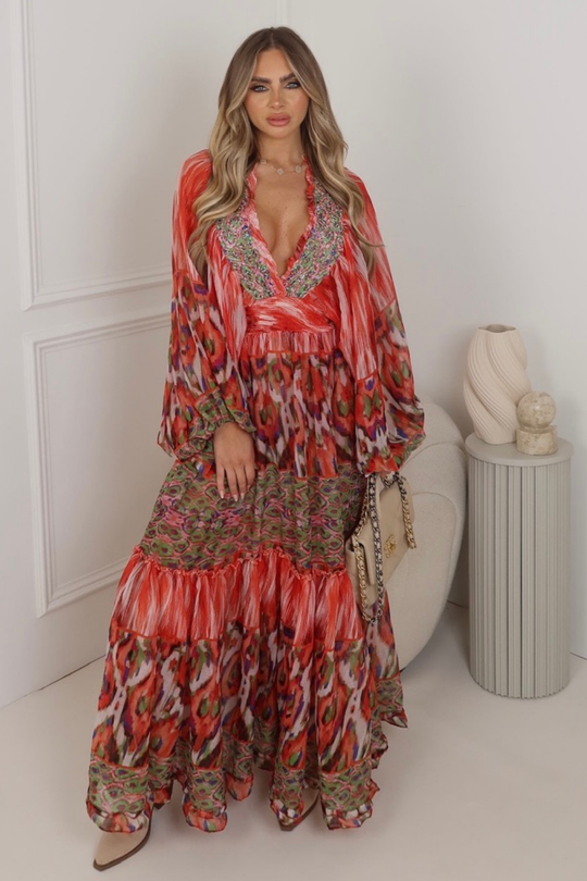 Lyla red multi boho patterned chiffon maxi dress
