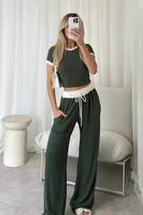 Jayden khaki contrast waistband pants and crop top co-ord