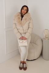 SINSENELY CREAM FAUX FUR COLLARED COAT
