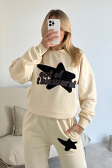 Out of this world ecru embroidered applique sweater joggers premium loungewear