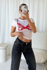 Lace bra red print white baby tee