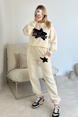 Out of this world ecru embroidered applique sweater joggers premium loungewear