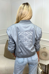 Gege Grey Embroidered Cropped Bomber Jacket