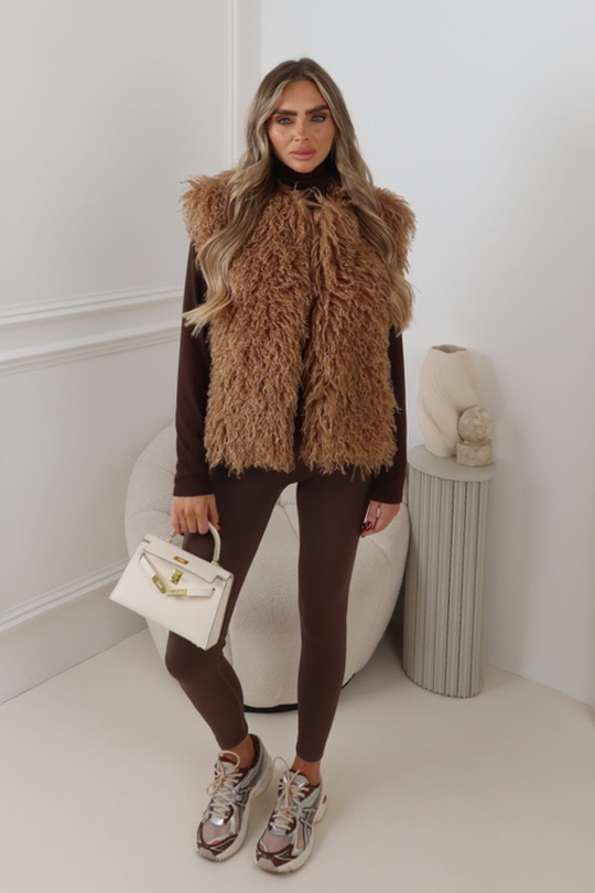 DULCIE CARAMEL MONGOLIAN FAUX FUR GILET