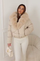 SINSENELY CREAM FAUX FUR COLLARED COAT