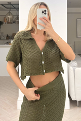 Diana Khaki Crotchet Cardigan Skirt Coord Co Ord