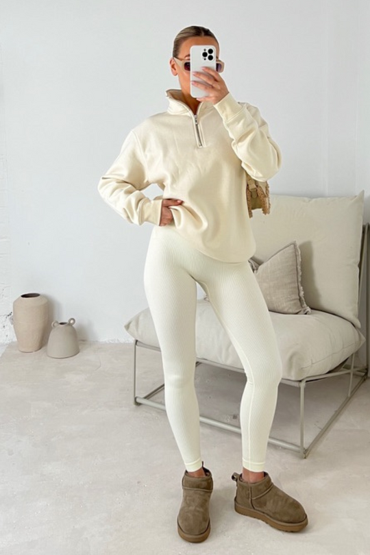 Kallie ecru 3/4 zip sweater and ribbed legging set