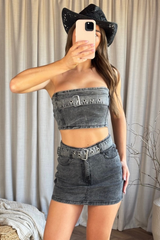 Zendaya grey washed denim buckle detail co ord