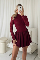 Violet burgundy lace puffball mini dress