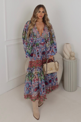 Lyla blue multi boho patterned chiffon maxi dress
