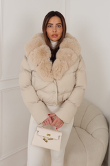 SINSENELY CREAM FAUX FUR COLLARED COAT