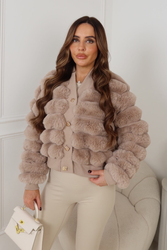 WINROW CARAMEL FAUX FUR GOLD BUTTONED BOMBER JACKET
