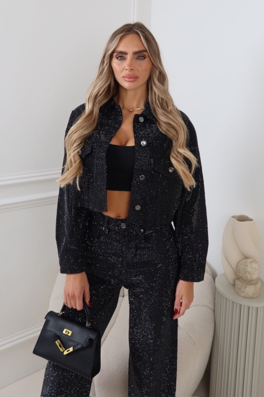 FAYE BLACK DIAMANTE CROPPED DENIM JACKET