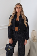 FAYE BLACK DIAMANTE CROPPED DENIM JACKET
