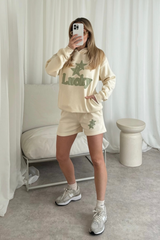 Lucky ecru and sage embroidered hoodie shorts loungewear