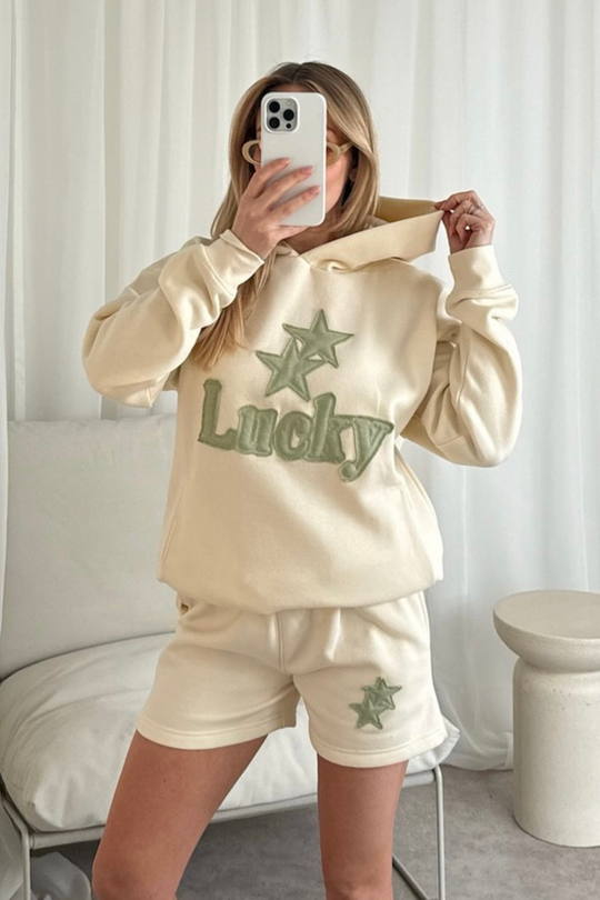 Lucky ecru and sage embroidered hoodie shorts loungewear