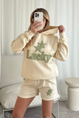 Lucky ecru and sage embroidered hoodie shorts loungewear