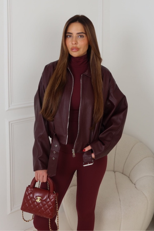 AISA BURGUNDY FAUX LEATHER COLLAR ZIP JACKET