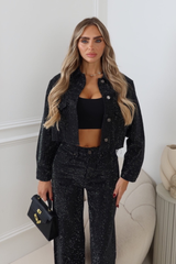 FAYE BLACK DIAMANTE CROPPED DENIM JACKET
