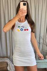 Tropical embroidered white ribbed mini dress