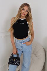 Club de playa black embroidered contrast trim ribbed vest top
