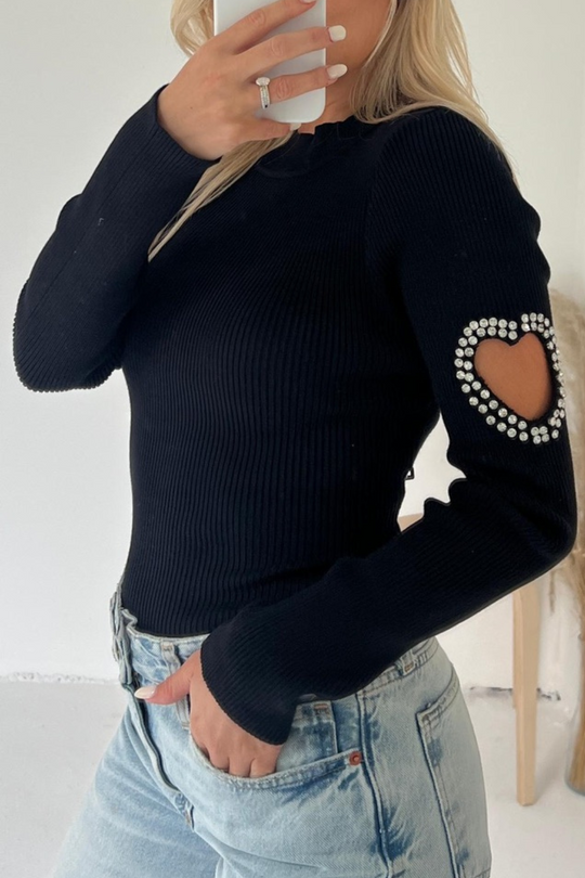 Tilly Black Heart diamante Sleeve Jumper