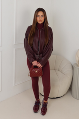 AISA BURGUNDY FAUX LEATHER COLLAR ZIP JACKET