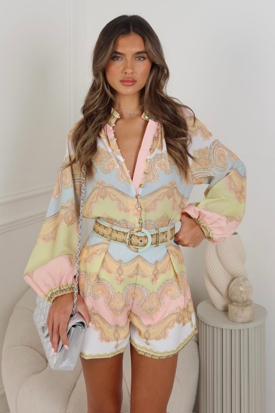 Jodie pink patterned shirt & shorts co ord